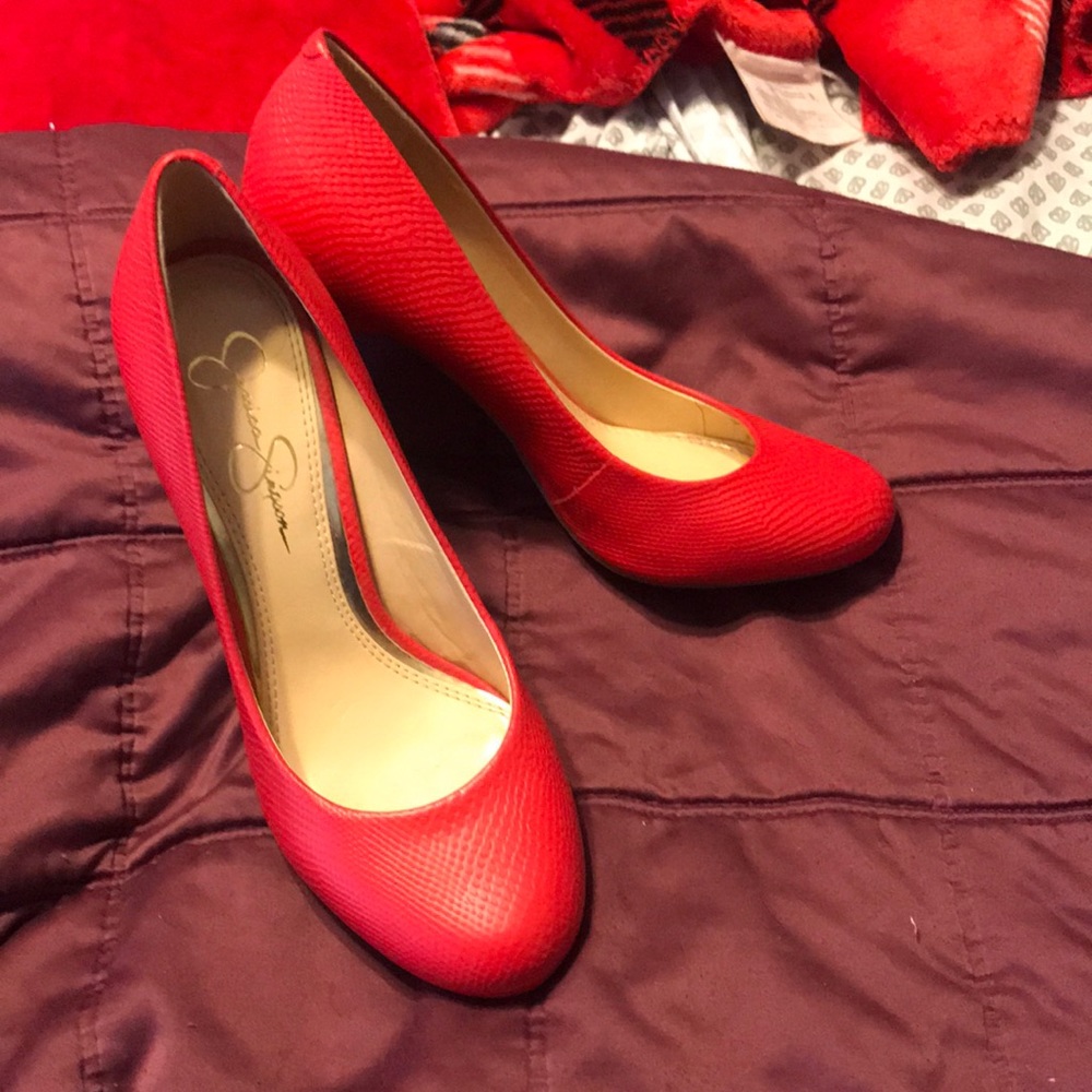 Red snakeskin Jessica Simpson heels